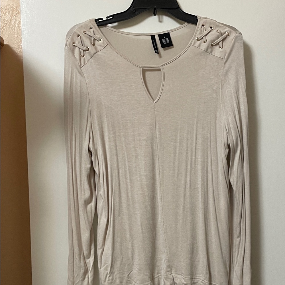 New Directions Beige Long Sleeve Top with Lace-Up Shoulders